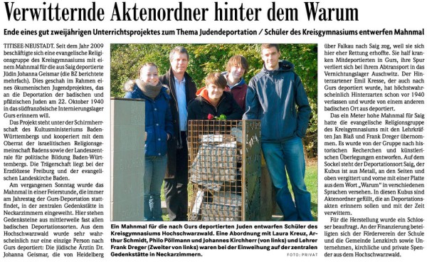 Einweihung des Saigersteines 2011 auf dem zentralen Mahnmal in Neckarzimmern.